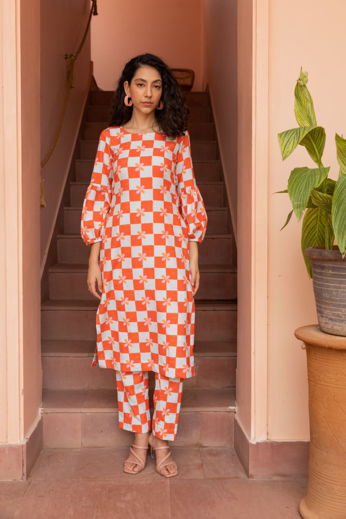 Bloom Kurta Set - Peach Checks (Set of 2)