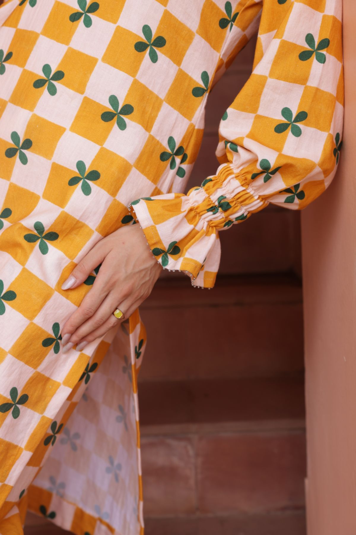 Plum kurta - Mustard Checks