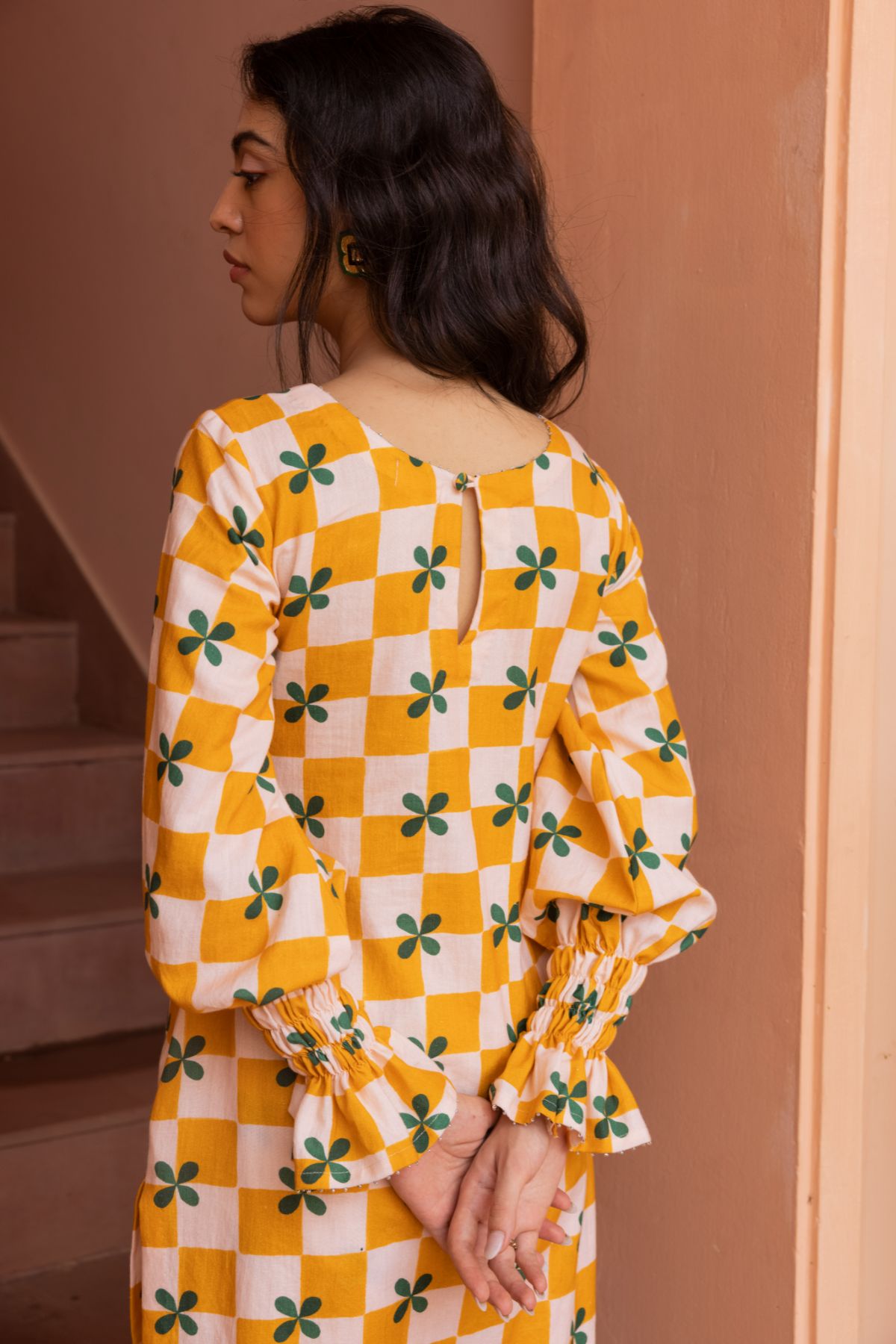 Plum kurta - Mustard Checks