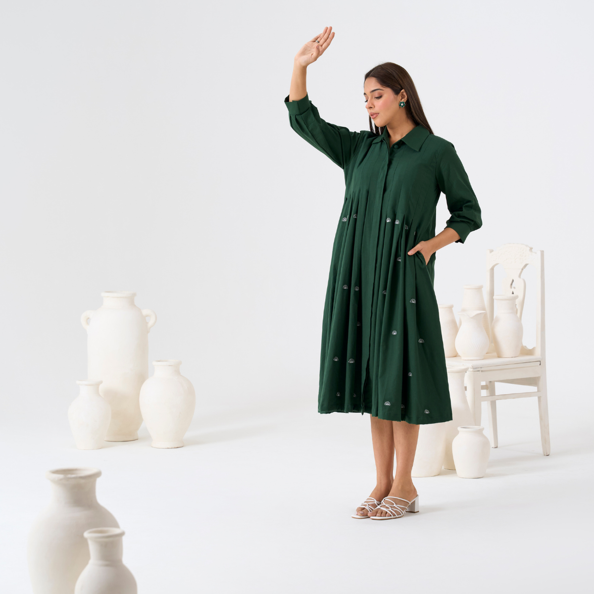 green emerald velvet dress Basil green gathered midi dress – World of Crow main image 0