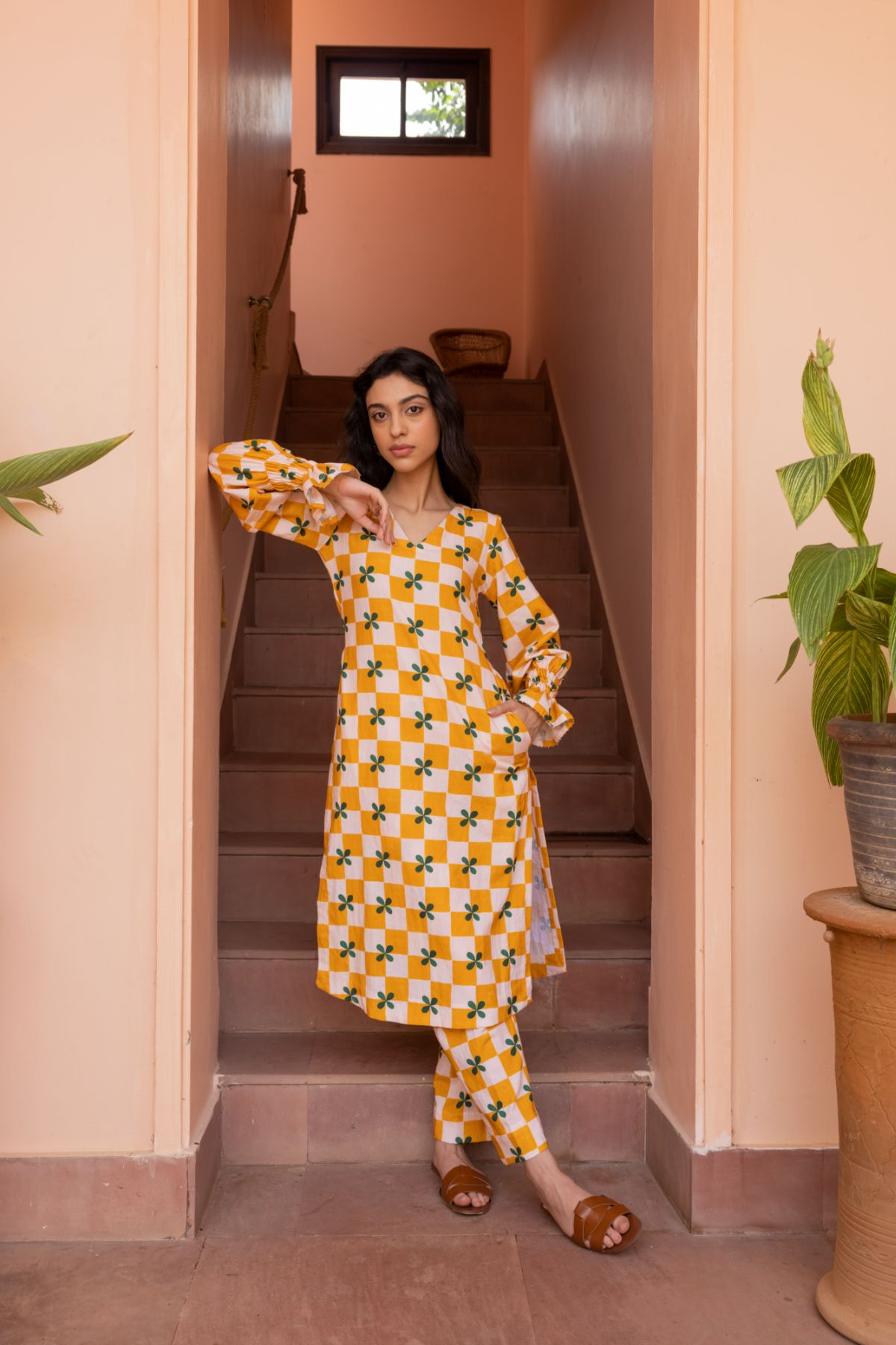 Ethereal Kurta Set- Mustard Checks (Set of 2)