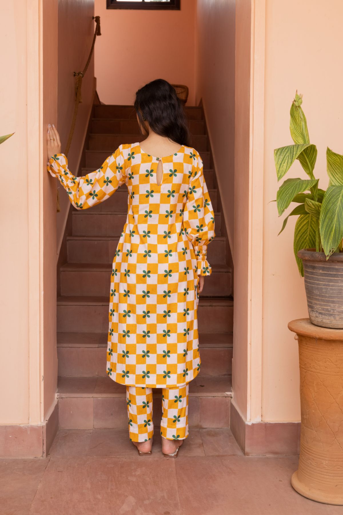 Ethereal Kurta Set- Mustard Checks (Set of 2)