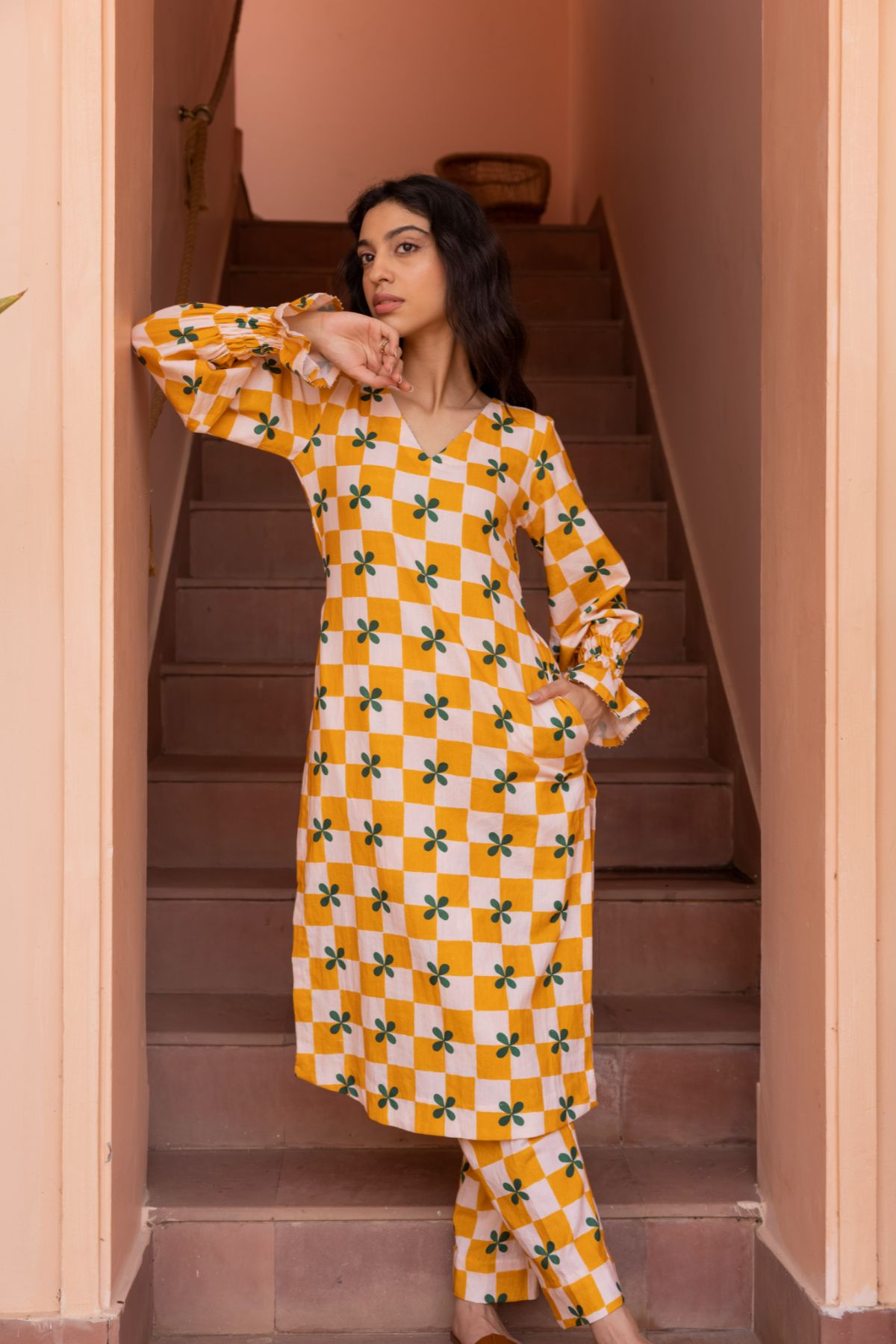 Ethereal Kurta Set- Mustard Checks (Set of 2)